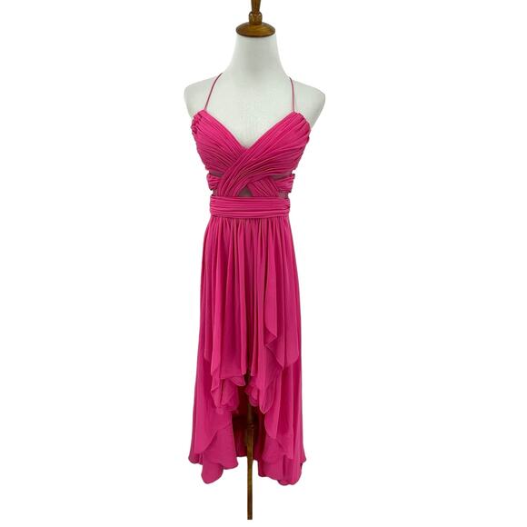 Cache Dress Womens 8 High Low Chiffon Pink Pleated Cutout Evening Prom Y2K - Picture 1 of 9